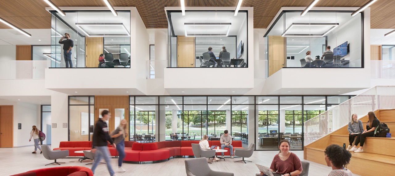 Inside the atrium of the new College of Law building.