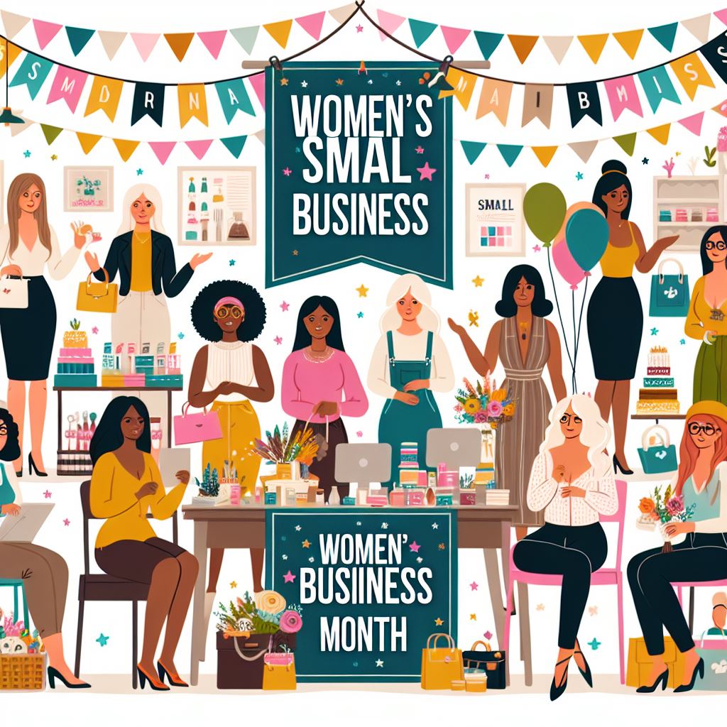 Women's Small Business Month banner with balloons, cake, presents, and women of all types standing and sitting 