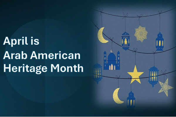 April is Arab American Heritage Month with garlands of crescent moon, stars, lanterns, and mosque